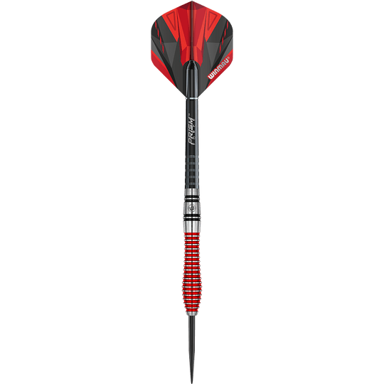 1436_Winmau_Dennis_Priestley_Special_Edition_2019_Steeldarts_1al0bsc0R9MwvZ Das Bild zeigt einen Winmau Dennis Priestley Special Edition Steeldart. Der Dart hat ein auffälliges Design mit roten und schwarzen Elementen.