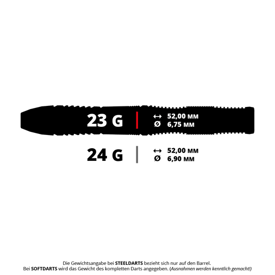 Target Japan Mizu Series 02 Swiss Point Steel Darts Darstellung eines Target Japan Mizu Series 02 SP Steeldarts, 23g. Der Pfeil ist deutlich und aus der Seite zu sehen.