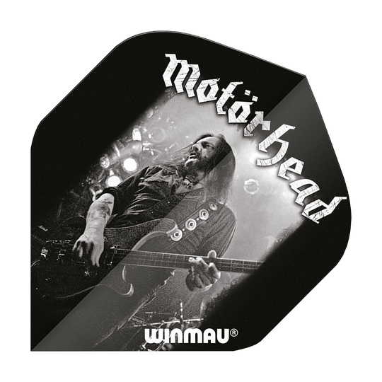 6905-209_Winmau_Rockstar_Legends_Mot-rhead_Lemmy_Standard_Flights_1iBRj8r7LtM5sa Das Bild zeigt ein schwarzes Dartflight mit dem Motiv von Lemmy von Motörhead. Oben steht "Motörhead" und unten ist das Winmau-Logo zu sehen.