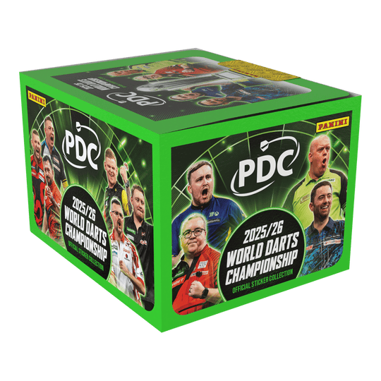 Zu sehen ist das Panini PDC World Darts Championship 2025/26 Hardcover Bundle mit einer Stickerbox. Es beinhaltet ein hochwertiges Album mit einer Box Sticker zur WM.