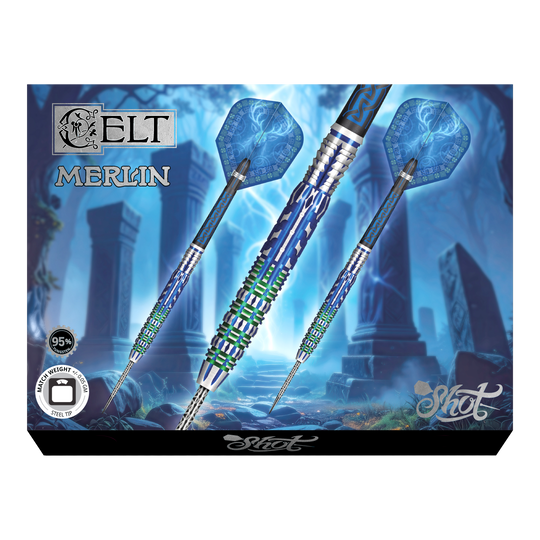 Das Foto zeigt die Shot Celt Merlin Steeldarts aus einer anderen Perspektive. Sie sind aus hochwertigem Material gefertigt.