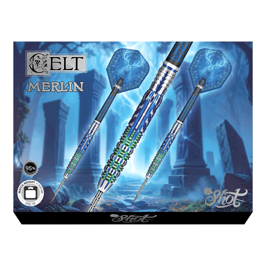 Shot Celt Merlin steel darts Das Foto zeigt die Shot Celt Merlin Steeldarts aus einer anderen Perspektive. Sie sind aus hochwertigem Material gefertigt.