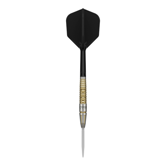 Target Black Marque Warrior Swiss Point Steel Darts Das Bild zeigt einen Target Black Marque Warrior Swiss Point Steeldart. Der Dart hat eine schwarze Flight, einen gold-silbernen Griffbereich und eine spitze Stahlspitze.