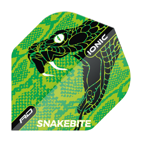 Das Bild zeigt das Produkt "Red Dragon Hardcore Ionic Snakebite Green Head Standard Flights". Auf dem Flight ist ein grüner Schlangenkopf mit hervorgehobenen weißen Reißzähnen abgebildet, dazu stehen die Wörter "IONIC" und "SNAKEBITE".