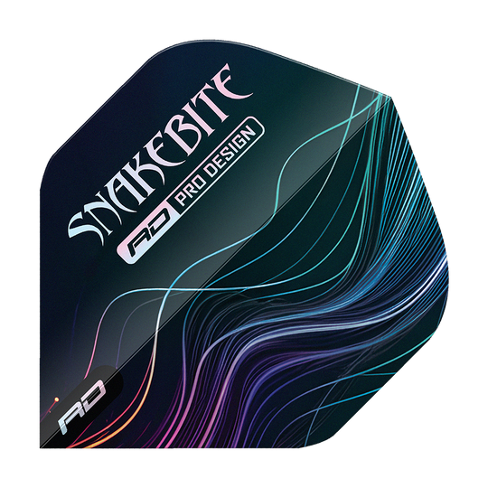Das Bild zeigt ein Dart-Flight mit dem Aufdruck "SNAKEBITE" und "RD PRO DESIGN". Auf dem Flight sind bunte Linien auf dunklem Hintergrund zu sehen.