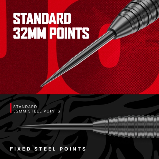 Gezeigt werden die Red Dragon Jonny Clayton Core Brass Steeldarts - 21g. Die Darts sind mit roten Flights ausgestattet.