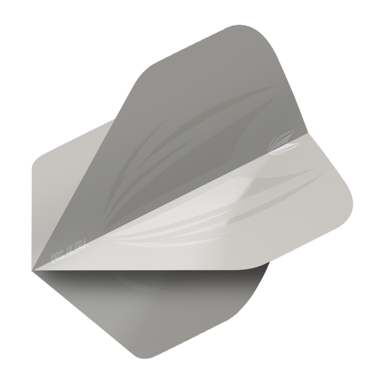 TG416_Target_ProUltra_ID_Grey_No2_Standard_Flights_2 Das Bild zeigt ein graues Dartflight mit abgerundeten Ecken und einem schlichten Design. Auf dem Produkt steht "Pro Ultra" in kleiner Schrift.