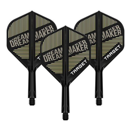 Target K-Flex Dimitri Van Den Bergh No2 Standard Flight Shaft System Auf dem Bild sind drei schwarze Dartflights mit integriertem Schaft zu sehen. Auf den Flights steht „DREAM MAKER“ und „TARGET“ in weißen Buchstaben.