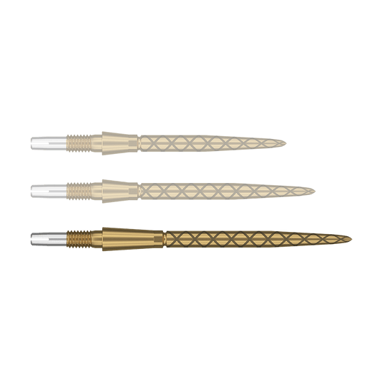 Target Swiss Storm Diamond Point Dart Tips - Gold Das Bild zeigt drei goldfarbene Dartspitzen mit einem rautenförmigen Muster. Die Enden der Spitzen sind silbern und haben ein Gewinde zum Befestigen.