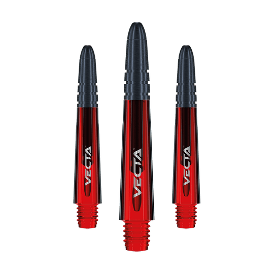 7025-103_Winmau_Vecta_Shafts_Rot_34mm_1 Das Bild zeigt drei Winmau Vecta Shafts in der Farbe Rot. Die Dartschäfte haben einen rot-schwarzen Farbverlauf und das Vecta-Logo ist darauf zu sehen.
