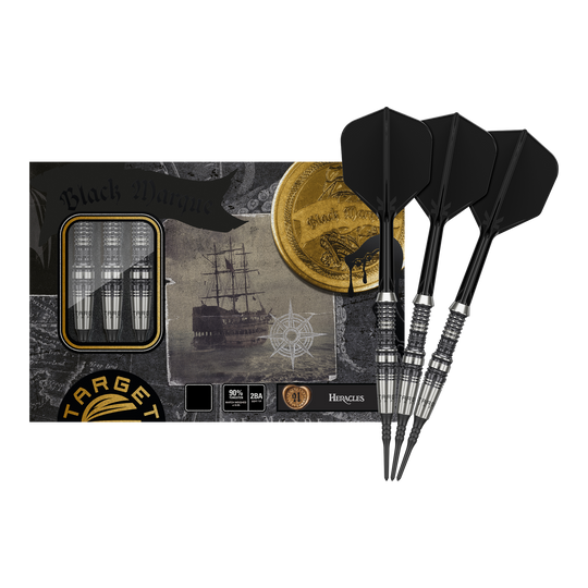 Target Japan Black Marque Heracles Soft Darts - 18g Das Bild zeigt das Produkt "Target Japan Black Marque Heracles Softdarts - 18g" mit drei schwarzen Softdarts. Die Verpackung ist mit maritimen Motiven und goldenen Details gestaltet.