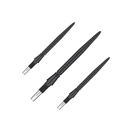 Target Swiss Storm Quartz Dart Tips - Black Das Bild zeigt drei schwarze Dartspitzen mit silbernem Schraubgewinde. Sie sind nebeneinander auf einem transparenten Hintergrund angeordnet.