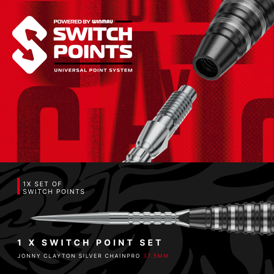 Das Bild präsentiert Red Dragon Jonny Clayton RD-PRO Switch Point Steeldarts. Die Dartpfeile sind geordnet auf einer hellen Fläche zu sehen.