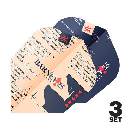 Target ProUltra Raymond Van Barneveld Barney25 No6 Flights Das Bild zeigt die "Target ProUltra Raymond Van Barneveld Barney25 No6 Flights" in einem auffälligen Design mit Text und Sternen. Rechts unten ist die Information "3 Set" zu sehen.