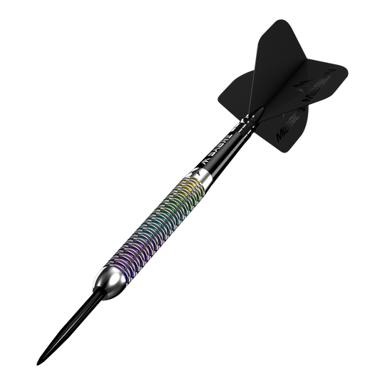 Abgebildet sind die Mission Kaleidos Steeldarts. Diese farbenfrohen Dartpfeile sind für den professionellen Einsatz geeignet.
