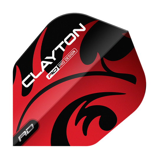 Das Bild zeigt ein Dartflight mit dem Namen "Red Dragon Jonny Clayton Red Black No6 Flights". Das Flight ist rot und schwarz gestaltet und trägt den Aufdruck "Clayton".