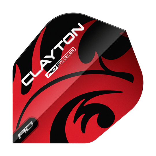 Red Dragon Jonny Clayton Red Black No6 Flights Das Bild zeigt ein Dartflight mit dem Namen "Red Dragon Jonny Clayton Red Black No6 Flights". Das Flight ist rot und schwarz gestaltet und trägt den Aufdruck "Clayton".