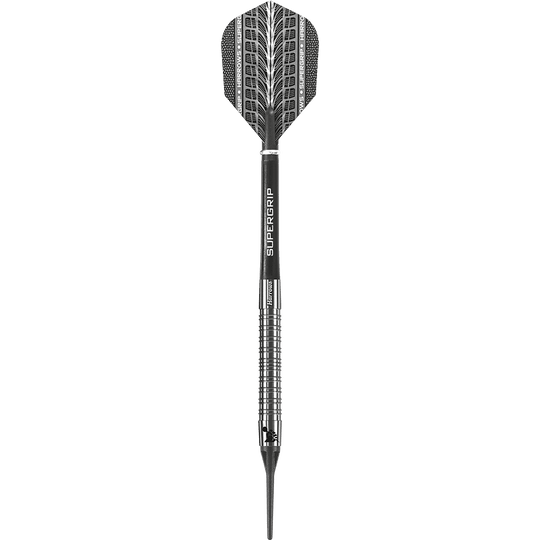 HA11810-Harrows-Supergrip-90-Softdarts-1OkdwLnO7Q5tvN Das Bild zeigt einen Harrows Supergrip 90% Softdart. Der Dart ist silberfarben mit schwarzen Akzenten und einer beschrifteten Flights.