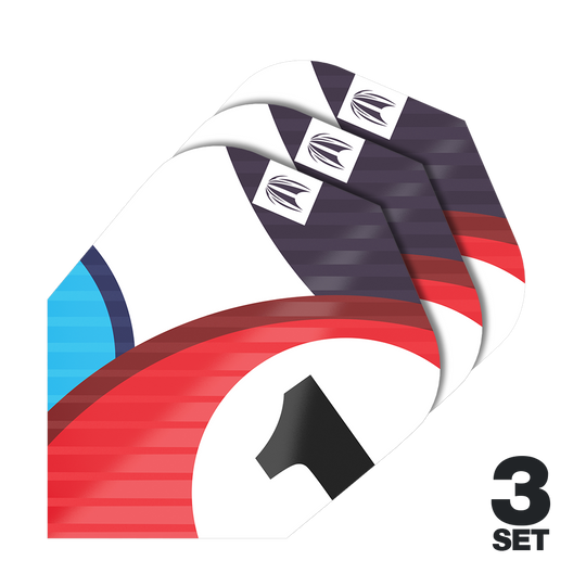 Das Bild zeigt drei Sets der Target Pro Ultra Chicane Blue Ten-X Flights. Die Flights haben ein farbenfrohes Design mit Rot, Blau, Weiß und Schwarz sowie einer Nummer 1.