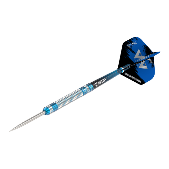 Das Bild zeigt einen Steeldartpfeil mit silber-blauer Riffelung am Barrel. Auf dem Flight steht „Jermaine Wattimena“ und er ist mit dem Produktnamen „Bulls Jermaine Wattimena Generation 3 Steeldarts“ versehen.