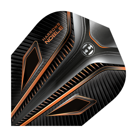 Das Bild zeigt das Produkt "Harrows Noble Rich Gold Standard Flights". Es hat ein modernes Design in Schwarz mit goldenen und silbernen Akzenten.
