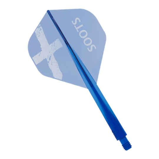Condor AXE Soots Flight-System - Standard Das Bild zeigt das Produkt "Condor AXE Soots Flight-System - Standard". Es handelt sich um einen blauen Dart-Flight mit der Aufschrift "SOOTS" und einem weißen X.