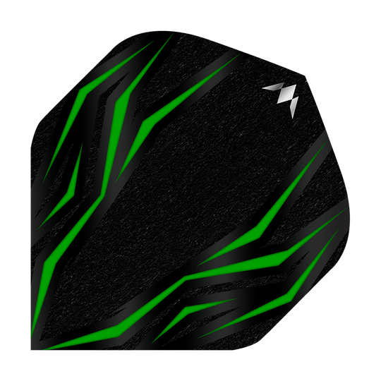 Mission Lava Green No2 Standard Flights Das Bild zeigt einen schwarzen Dartflight mit grünen, diagonalen Linien. In der oberen rechten Ecke befindet sich ein kleines, silbernes Logo.