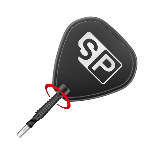 Target Swiss Storm LNC dart tips - Black Das Bild zeigt eine schwarze Dartspitze mit dem weißen „SP“-Logo darauf. Die Spitze ist schräg platziert und durch einen roten Pfeil hervorgehoben.