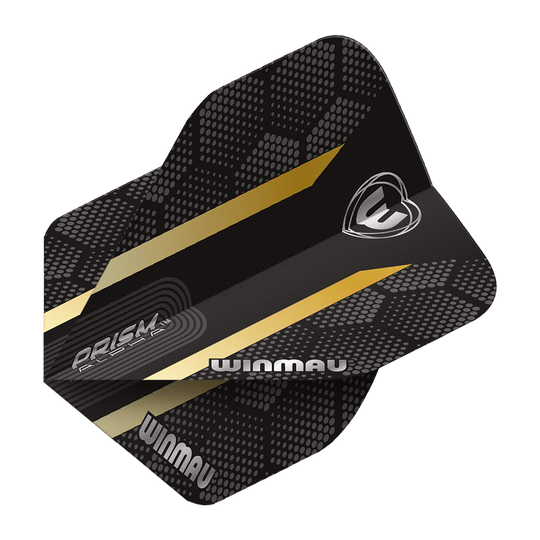 6915-185_Winmau_Prism_Alpha_Gold_Standard_Flights_2 Das Bild zeigt das Produkt "Winmau Prism Alpha Gold Standard Flights". Die Flights sind schwarz mit goldenen Streifen und haben ein modernes, punktiertes Muster.