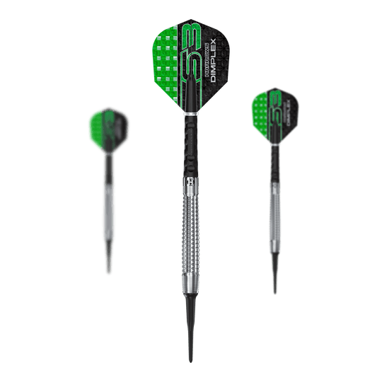 Harrows Dimplex S3 Tapered Soft Darts Das Bild zeigt drei Softdarts mit silbernen Spitzen und grün-schwarzen Flights. Auf den Flights steht der Produktname "Harrows Dimplex S3".