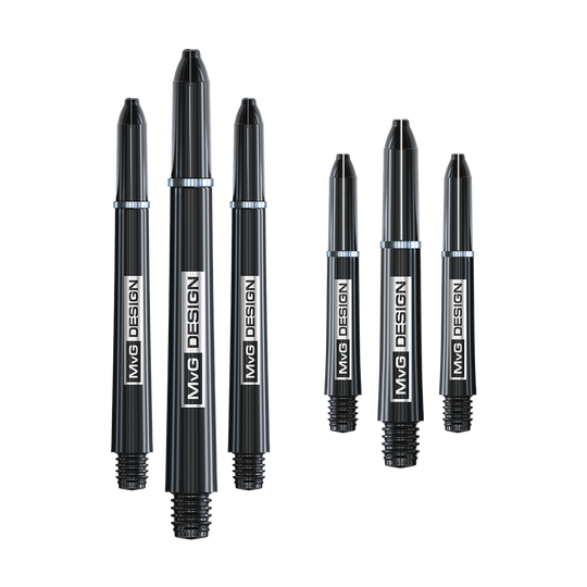 8125_Winmau_MvG_Signature_Shaft_Collection_3 Das Bild zeigt die Winmau MvG Signature Shaft Collection, bestehend aus sechs schwarzen Dartshafts. Auf jedem Shaft steht deutlich "MvG DESIGN" geschrieben.