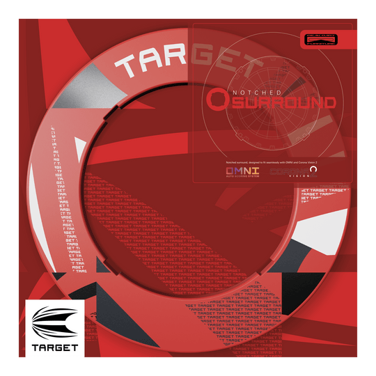 Target Notched Patterned Dartboard Surround Sechs rote Dartboard-Umrandungen mit Muster sind abgebildet. Die Ansicht ist leicht schräg.