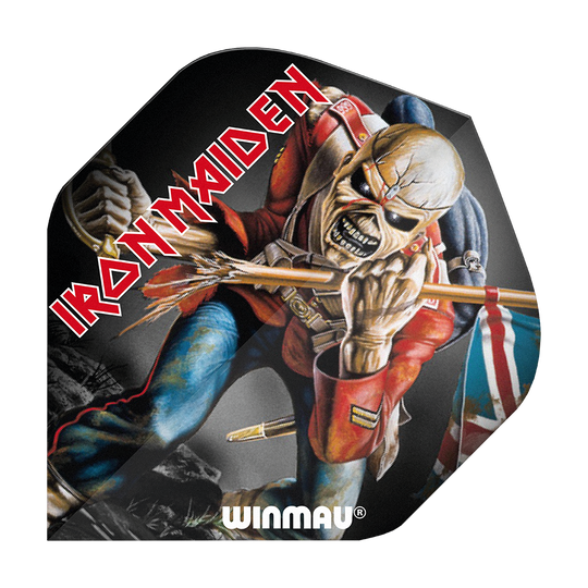 Das Bild zeigt ein Dartflight mit dem Motiv von Iron Maiden und dem berühmten Maskottchen Eddie. Auf dem Dartflight steht außerdem der Schriftzug "Winmau" und "Iron Maiden".