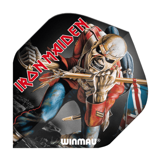 6905-224_Winmau_Rockstar_Legends_Iron_Maiden_Eddie_Standard_Flights_1 Das Bild zeigt ein Dartflight mit dem Motiv von Iron Maiden und dem berühmten Maskottchen Eddie. Auf dem Dartflight steht außerdem der Schriftzug "Winmau" und "Iron Maiden".