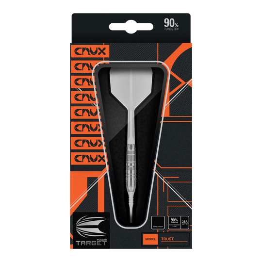Target Japan Crux Trust Soft Darts - 17g Die Abbildung zeigt die Verpackung der "Target Japan Crux Trust Softdarts - 17g". Der Dart ist sichtbar durch ein Sichtfenster in der Packung und enthält Angaben wie 90 % Tungsten.