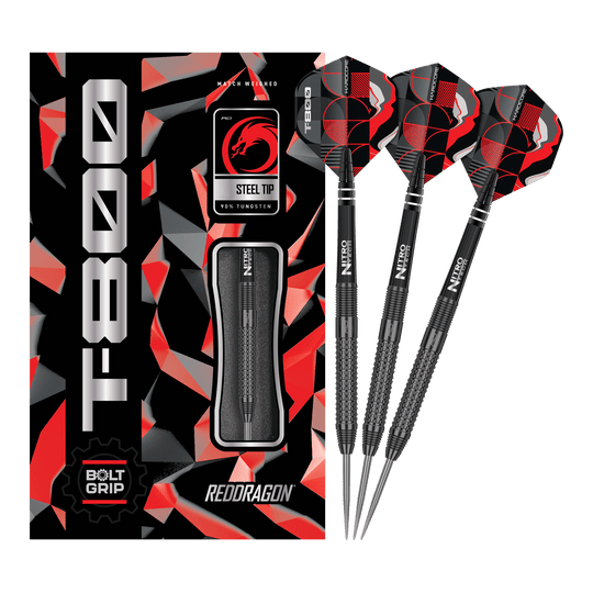 Red Dragon T-800 Steeldarts Das Bild zeigt die Red Dragon T-800 Steeldarts und ihre Verpackung. Die Darts haben ein schwarzes Design mit roten und silbernen Akzenten.