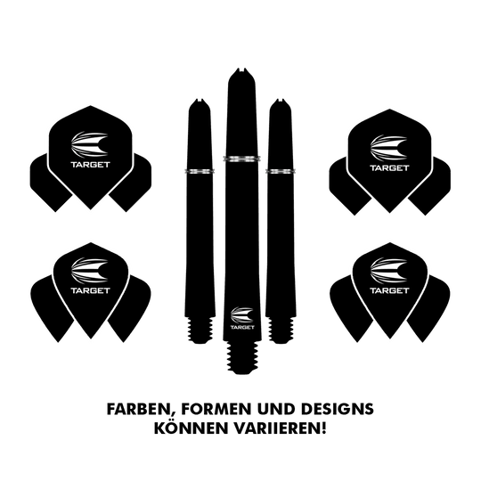 9999_Target_Surprise_Pack_1 Das Bild zeigt das Produkt "Target Surprise Pack" mit Dartflights und Dartschäften. Unten steht, dass Farben, Formen und Designs variieren können.