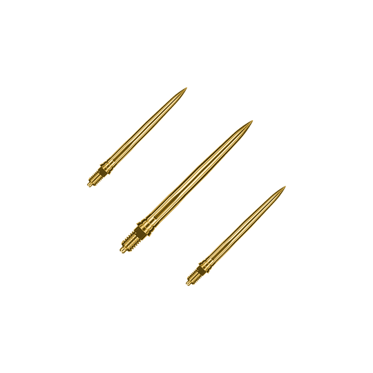 Caliburn EZ-EVO dart tips - Smooth - Gold Dieses Bild zeigt ein Set goldener Dartspitzen mit glatter Oberfläche, vermutlich 28mm lang. Die Spitzen sind von der Marke Caliburn EZ-EVO.