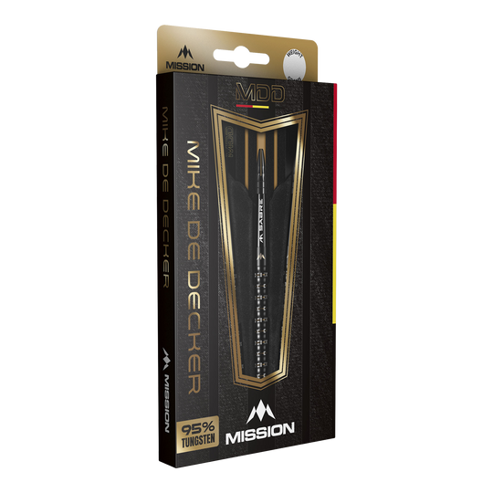 Mission Mike De Decker MDD Black Gold Steeldarts Die Verpackung zeigt die Mission Mike De Decker MDD Black Gold Steeldarts. Auf der Vorderseite steht, dass die Darts zu 95% aus Tungsten bestehen.