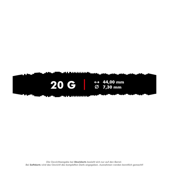 Shot Redline Gizmo Soft Darts - 20g Das Bild zeigt die Produktinformationen für die Shot Redline Gizmo Softdarts mit einem Gewicht von 20 Gramm. Die Darts sind 44,00 mm lang und haben einen Durchmesser von 7,30 mm.