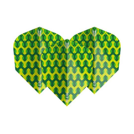 Das Bild zeigt die Target ProUltra Fabric Green Ten-X Flights mit einem leuchtend grünen, geometrischen Muster. Die Flights haben ein auffälliges Design mit gelben und grünen Farbtönen.