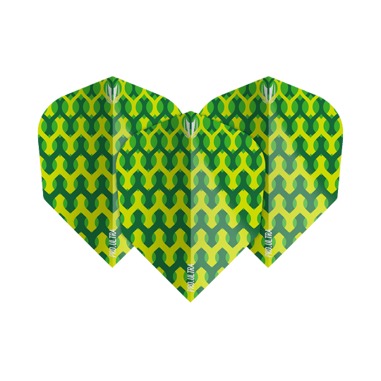 TG69_335230_Target_ProUltra_Fabric_Green_Ten-X_Flights_1M9Y7Qf9D4ugRz Das Bild zeigt die Target ProUltra Fabric Green Ten-X Flights mit einem leuchtend grünen, geometrischen Muster. Die Flights haben ein auffälliges Design mit gelben und grünen Farbtönen.