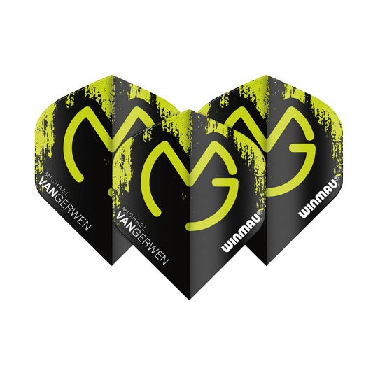 Das Bild zeigt die Winmau Mega MvG Green Black Standard Flights für Darts. Sie sind schwarz mit grünen Akzenten und tragen die Aufschrift "Michael van Gerwen" sowie "WINMAU".