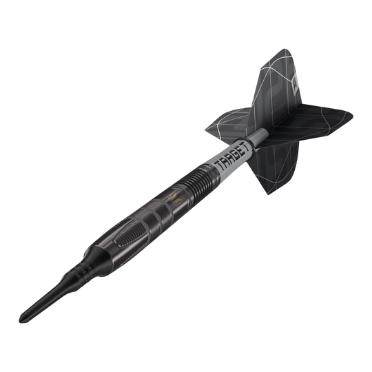 Target Nathan Aspinall X Echo Softdarts - 18g Das Bild zeigt den Softdart „Target Nathan Aspinall X Echo“ mit einem Gewicht von 18 Gramm. Der Dartpfeil ist schwarz und hat ein modernes, geriffeltes Design mit der Aufschrift "TARGET" auf dem Schaft.