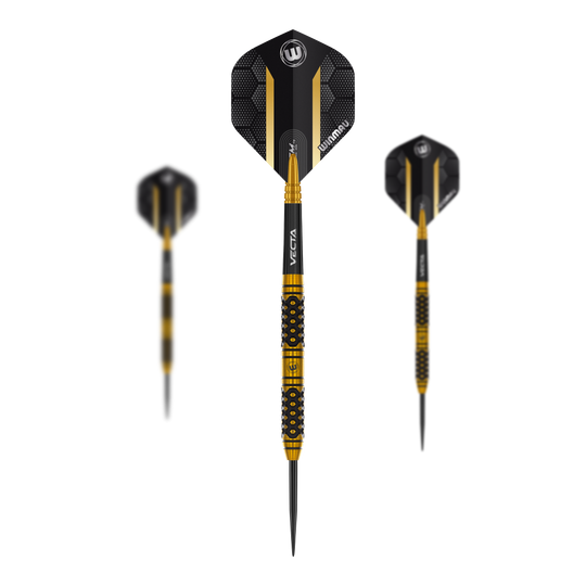 Das Bild zeigt ein Set der Winmau Team 360 Bradley Van Der Velden Steeldarts mit 22g. Das Foto konzentriert sich auf die Zusammenstellung des Dartsets.
