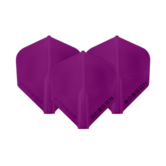 Das Bild zeigt drei violette Dartflights der Marke Robson. Auf jedem Flight steht das Wort "ROBSON" in schwarzer Schrift.