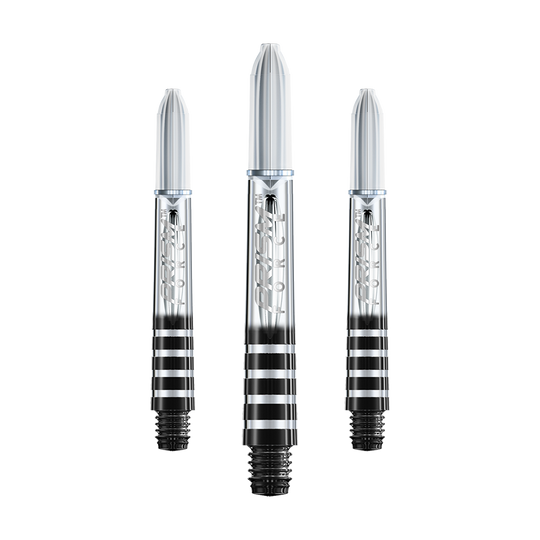 7020-106_Winmau_Prism_Force_Shafts_Clear_35mm_12WE9IBvpWpaul Auf dem Bild sind drei transparente Dartschäfte mit schwarzen Ringen zu sehen. Sie sind unterschiedlich lang und haben den Aufdruck "Prism Force".