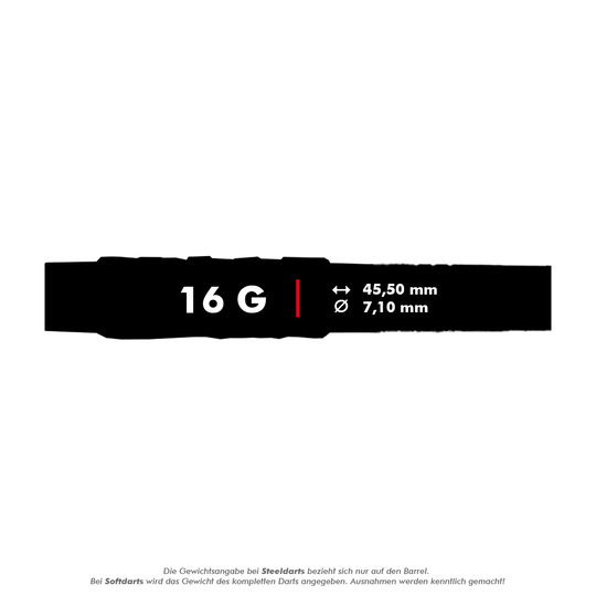 McDart 85 Tungsten V4 soft darts - 16g Das Bild zeigt die Produktinformationen der McDart 85er Tungsten V4 Softdarts mit einem Gewicht von 16 Gramm. Die Darts sind 45,50 mm lang und haben einen Durchmesser von 7,10 mm.