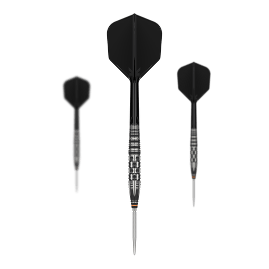 Target Japan Black Marque Dancing Duck GEN 4 steel darts Das Bild zeigt drei schwarze Steeldarts des Modells "Target Japan Black Marque Dancing Duck GEN 4". Die Darts haben silberne Spitzen und geriffelte Griffbereiche für bessere Kontrolle.