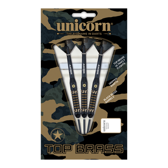 Unicorn Top Brass V1 Steeldarts - 20g Das Bild zeigt die "Unicorn Top Brass V1 Steeldarts - 20g" in einer Verpackung mit Tarnmuster. Die Packung enthält drei schwarze Darts mit goldfarbenen Details.